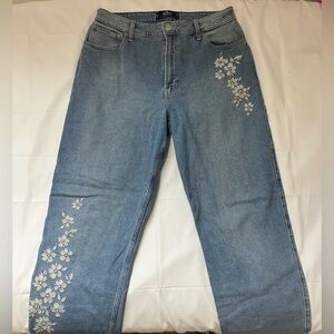 Hollister Blue Straight Leg Jeans with Floral Embroidery